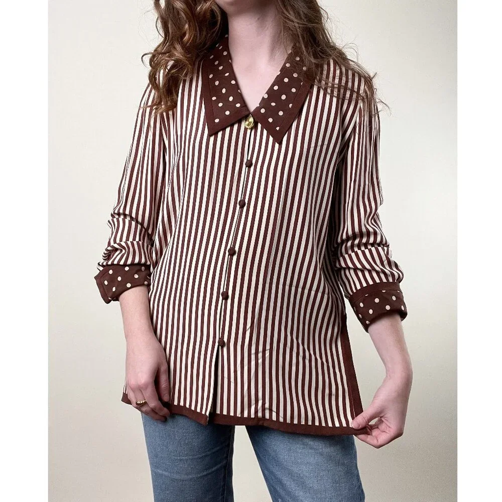 Vintage 100% Silk Button Down Long Tunic Top Blouse Print Oversized Relaxed Fit - Picture 1 of 9